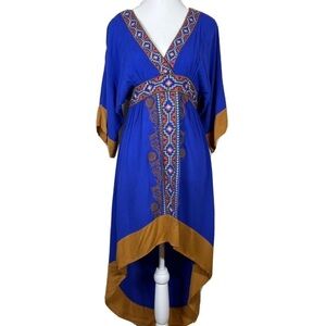 Flying Tomato Boho Waterfall Dress Hi Lo Floral Blue Embroidered Rayon‎ Sz Small